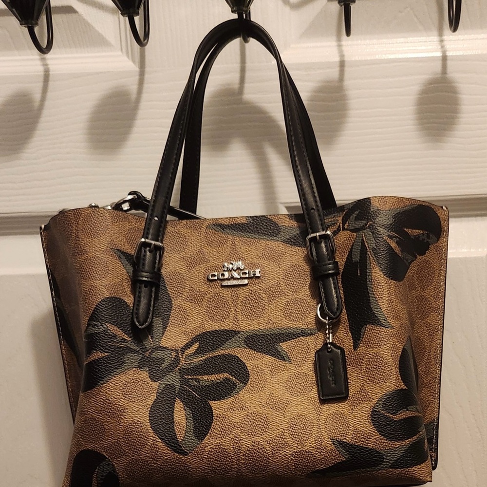 Coach Tan and Black Floral  Mollie Bow Tote Bag